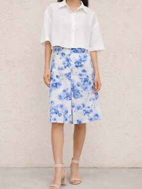 100 LINEN Floral Skirt White Blue Roses Floral Lined 10 European PUNT ROMA Spain